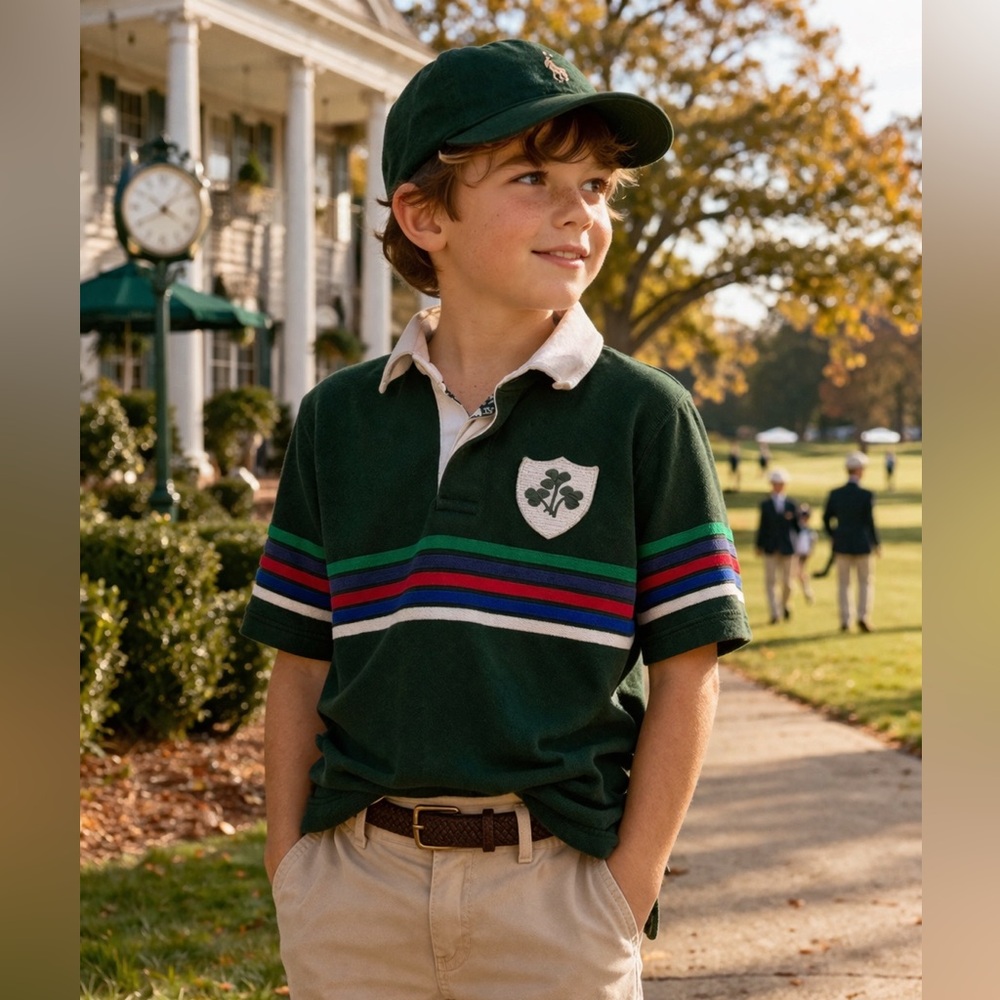 Vintage Total Rugby Polo Shirt Kids 3/4 Green Stripe Crest Preppy Ivy